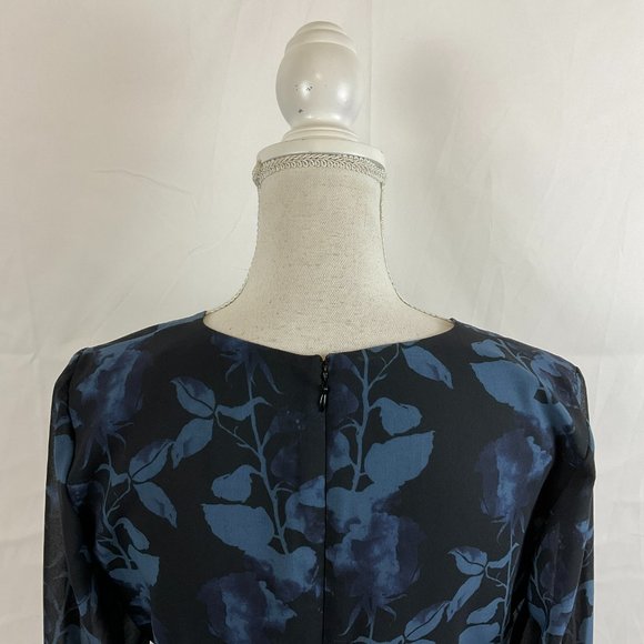 Hutch Dress 6 Blue Black Leaf Print Long Semi-Sheer Sleeve Drape Detail - Picture 9 of 13